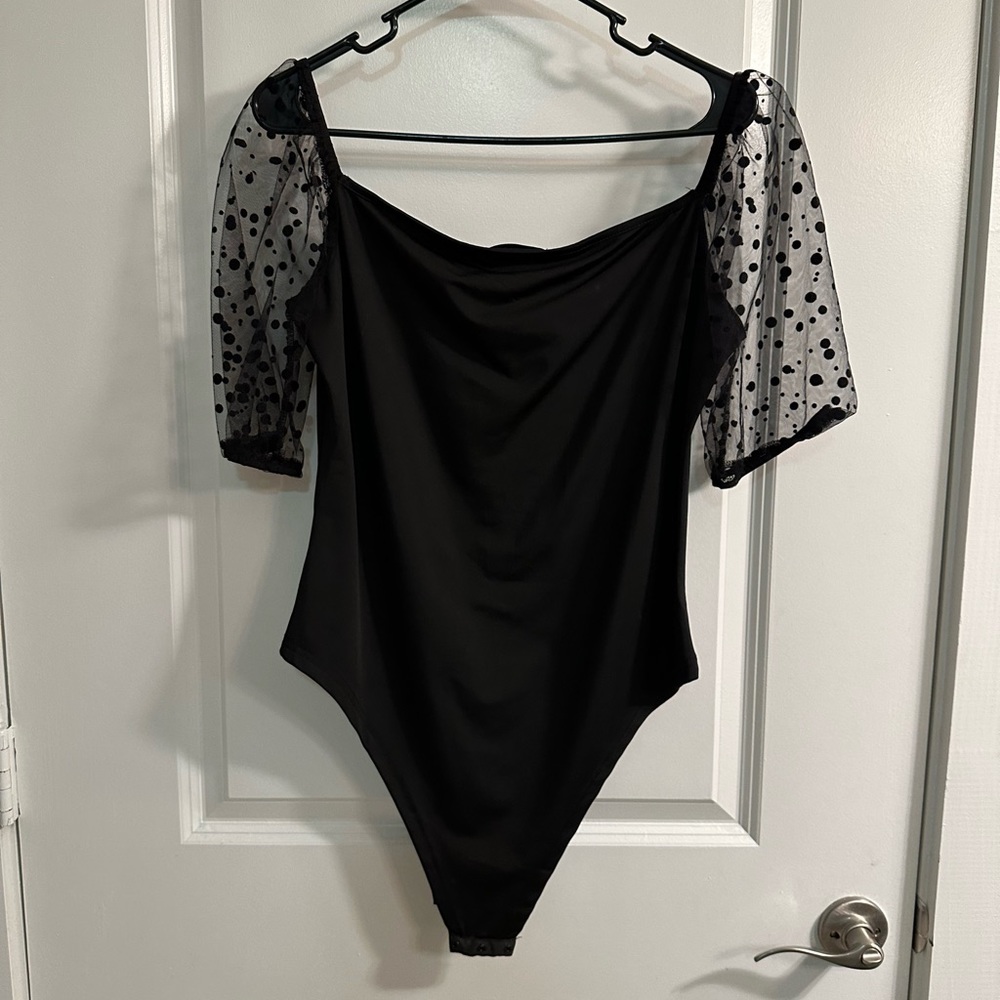 Black body suit with sheer dot sleeves, square neck, 12/14, Never Worn